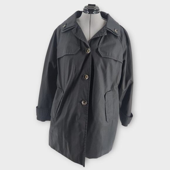 London Fog Trench Coat Women's XL Black Button Down Removable Hood Pockets - Picture 1 of 9